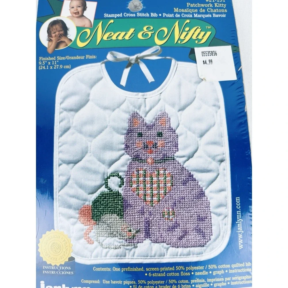 Vintage 90s Janlynn Neat & Nifty Cross Stitch Kit Bib Patchwork Kitty USA 21-151